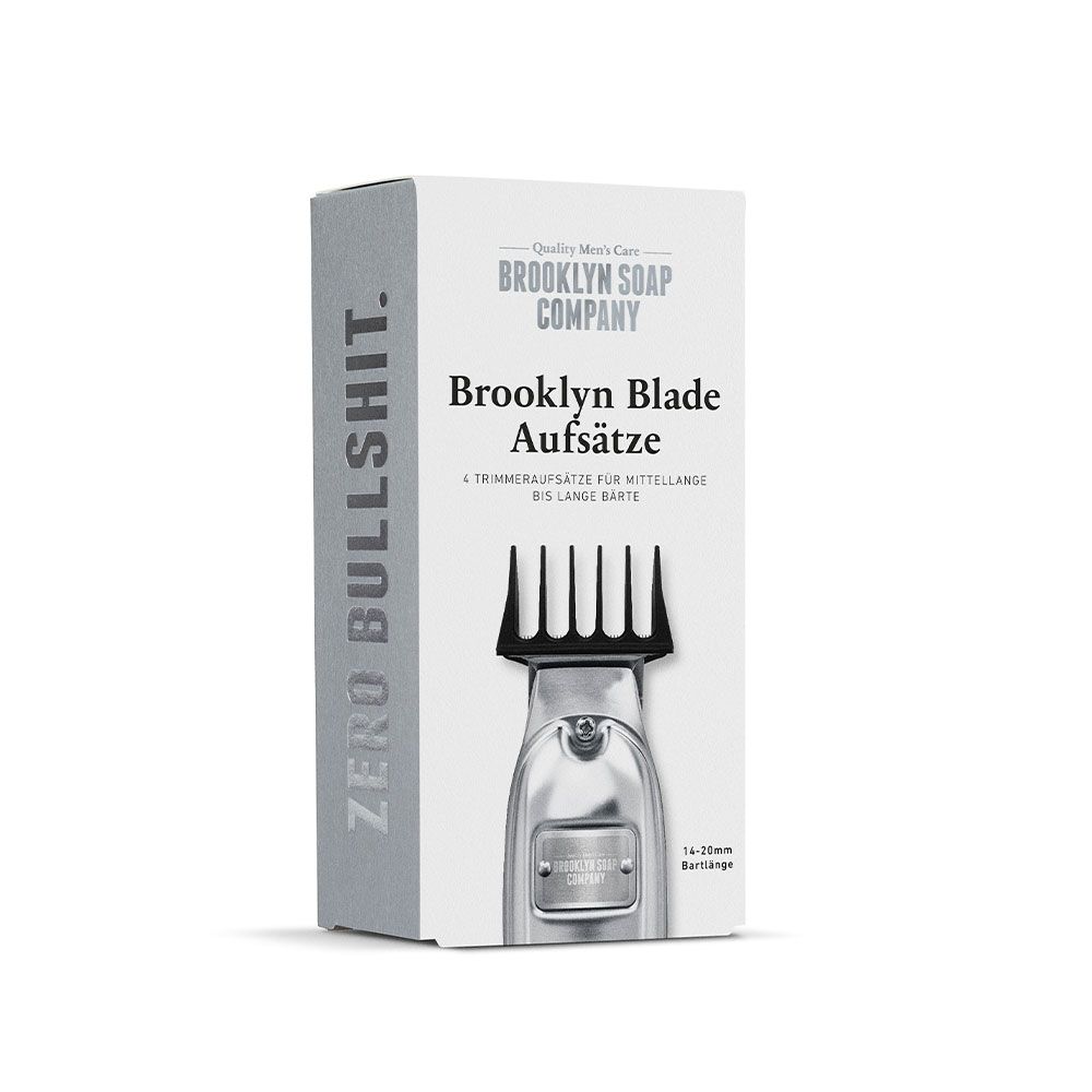 Die Zusatz-Aufsätze für die Brooklyn Blade von der Brooklyn Soap Company sind ideal für mittellange bis lange Bartstyles. Mit vier präzisen Aufsatzlängen (14, 16, 18 und 20 mm) ermöglichen sie individuelle Bartpflege für Männer, die Wert auf einen gepflegten, längeren Bart legen. Die Aufsätze sind kompakt, leicht zu wechseln und sorgen für gleichmäßige Schnitte und präzises Styling. Perfekt
