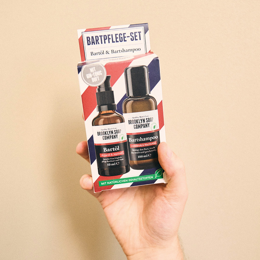 Das Bartpflege Set von der Brooklyn Soap zum Kennenlernen in hochwertiger Geschenkverpackung in Barbershop-Design.