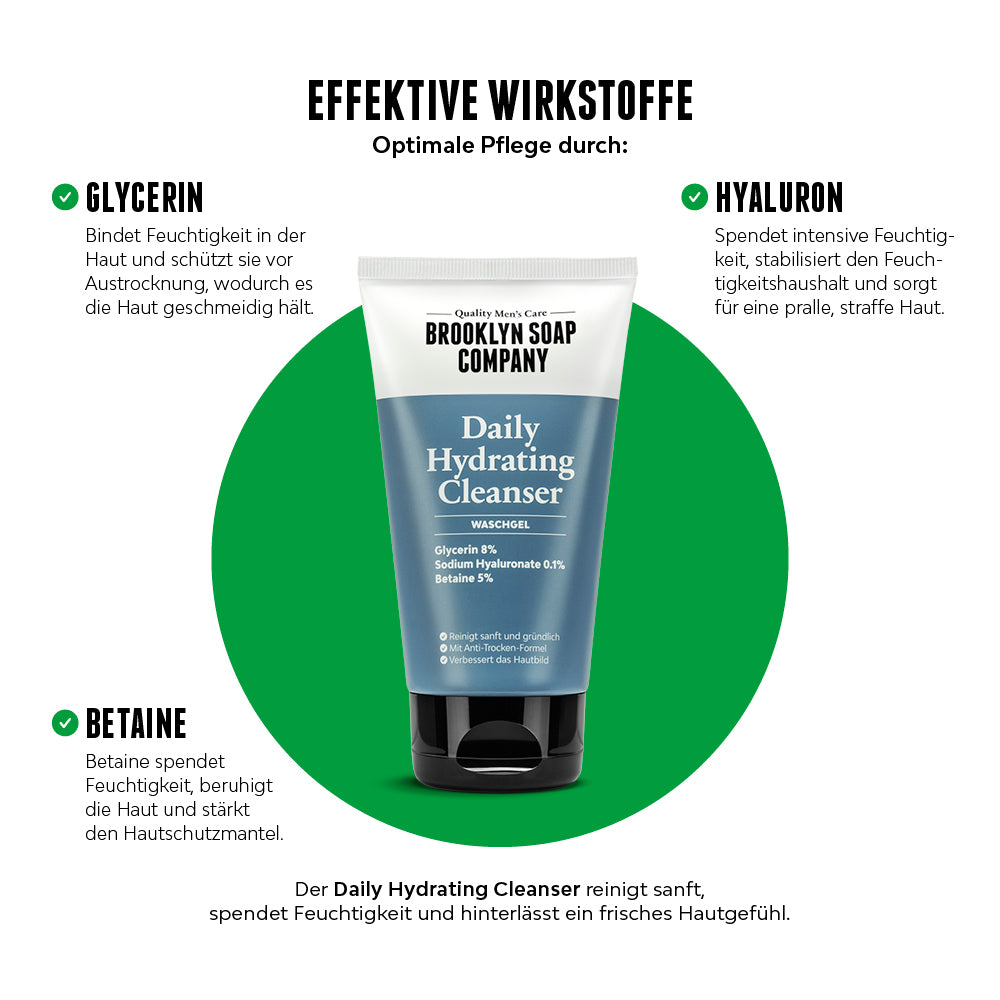 Der Gesichtsreiniger für Männer von der Brooklyn Soap Company pflegt die Haut mit Glycerin, Hyaluronsäure und Betaine, spendet Feuchtigkeit und sorgt für ein geschmeidiges Hautgefühl. 