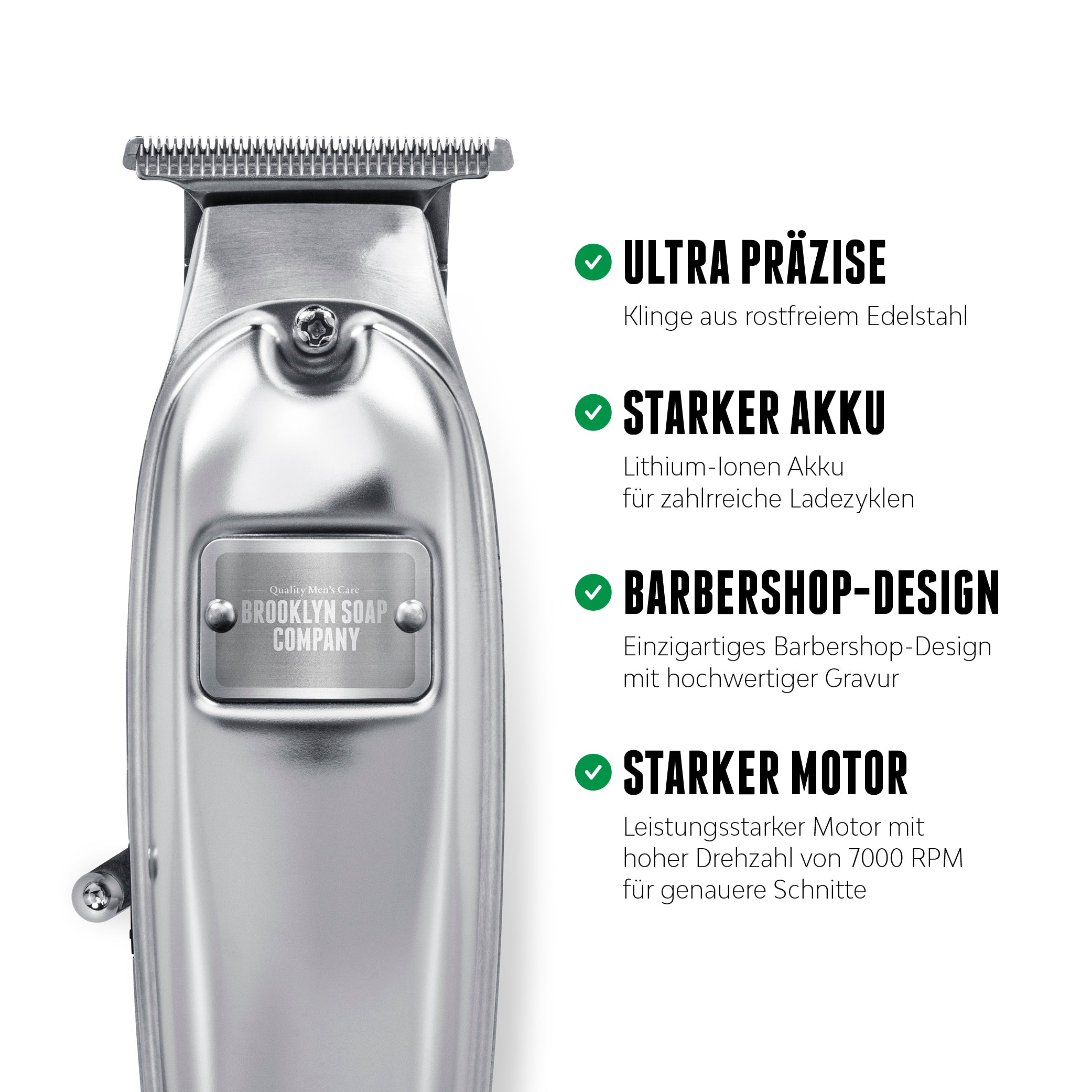 Die Brooklyn Blade ist ein hochwertiger Barttrimmer für Männer in Barbershop-Design mit einem besonders starken Akku und Motor und für besonders präzises Trimmen. [AT][DE]