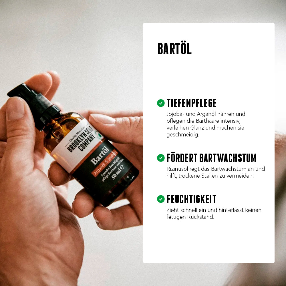 Das Bartöl mit Jojoba- und Arganöl pflegt und nährt Barthaare intensiv, verleiht Glanz und spendet Feuchtigkeit. 