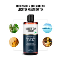Blue Amber & Cedar Body Wash von der Brooklyn Soap Company mit frischem Blue Amber und leichten Kräuternoten. Pflegendes Duschgel für Haut und Haare mit natürlichen Inhaltsstoffen und einem aromatischen, langanhaltenden Duft. [DE] [AT] [EU] 