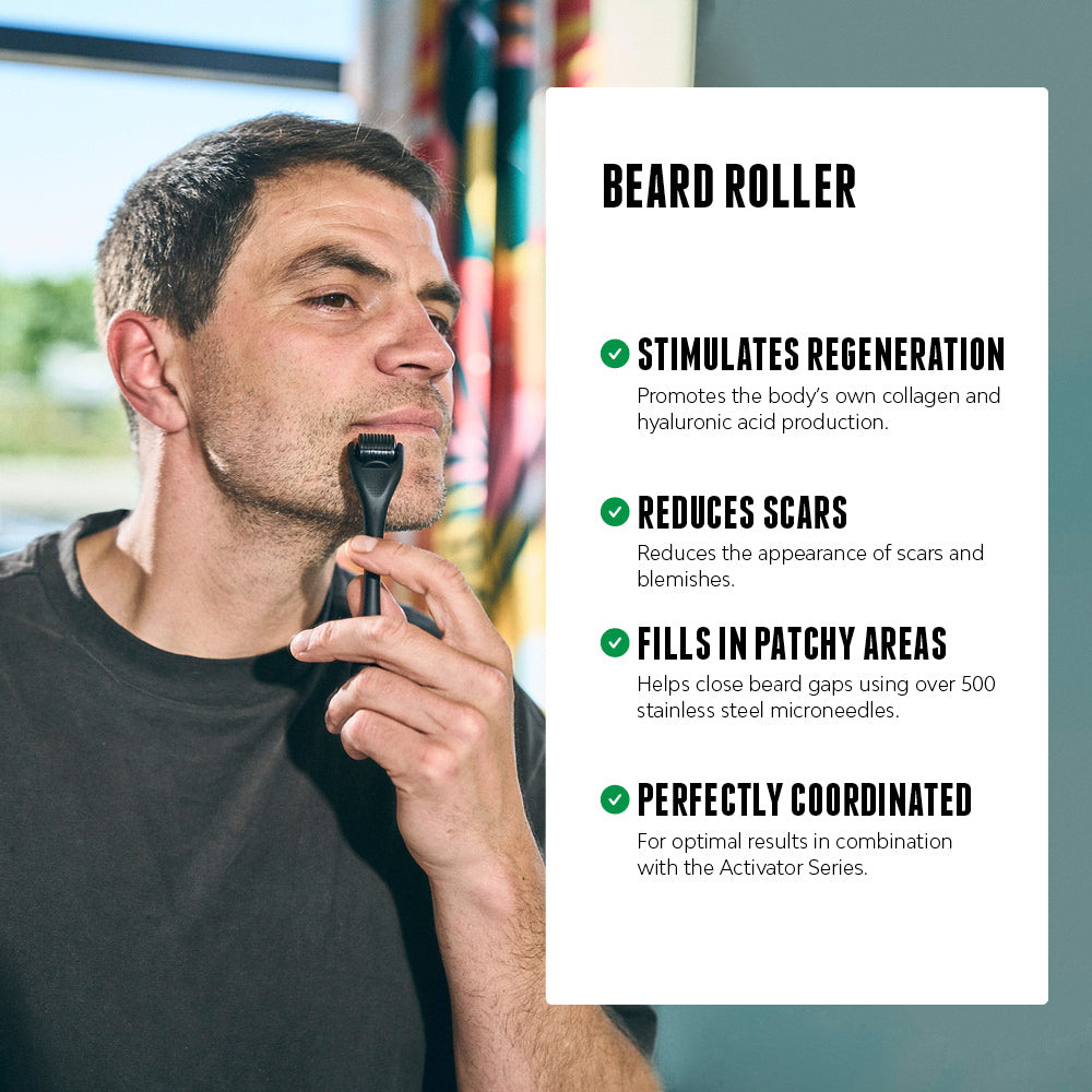  Man using a beard roller on his jawline, with a side panel highlighting key benefits: stimulates regeneration, reduces scars, fills patchy areas, and coordinates with the Activator Series.[INT] [EU]