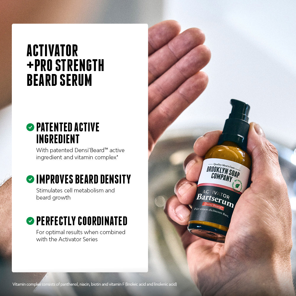 Hands holding a bottle of Brooklyn Soap Company Beard Serum. Text highlights: patented active ingredient with Densi’Beard™ and vitamin complex, improves beard density by stimulating cell metabolism, and works best when used with the Activator Series[INT][EU]