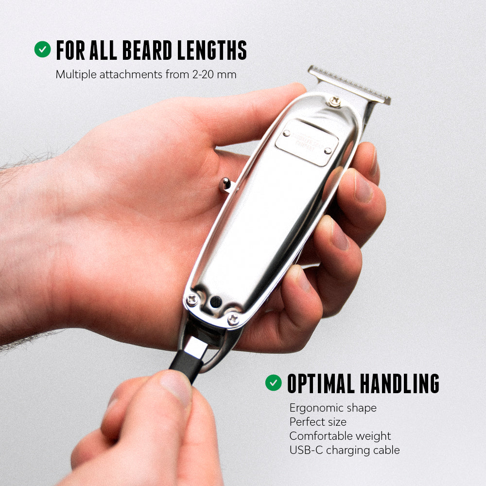 Brooklyn Blade trimmer being charged via USB-C, highlighting ergonomic design, suitable for all beard lengths with attachments ranging from 2 to 20 mm. [INT] [EU] 