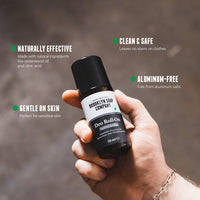 Hand holding a Brooklyn Soap Company Deo Roll-On with a black cap and white label. Around the image are four product highlights: naturally effective with cedarwood oil and citric acid, clean and safe with no stains on clothes, gentle on skin for sensitive types, and aluminum-free[INT][EU]