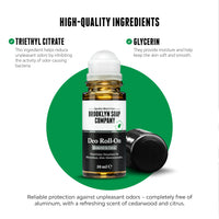 Brooklyn Soap Company Deo Roll-On bottle centered on a green circle, with callouts highlighting two key ingredients: triethyl citrate for odor control and glycerin derivatives for skin hydration.[INT][EU]