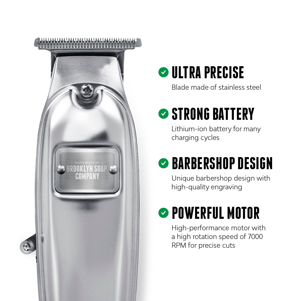 Close-up of a stainless steel beard trimmer with branding 'Brooklyn Soap Company.' Text highlights: ultra-precise stainless steel blade, strong lithium-ion battery, barbershop-style design. [INT][EU]