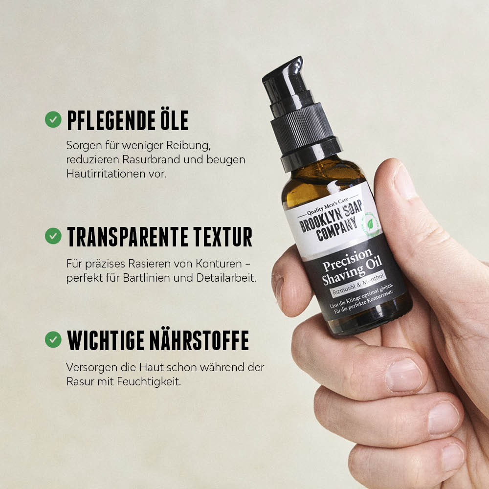 Shaving Oil wird in der Hand gehalten, daneben Text zu pflegenden Ölen, transparenter Textur und feuchtigkeitsspendenden Nährstoffen.
