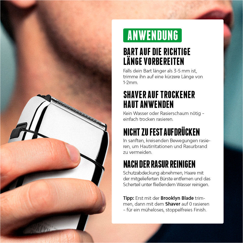 Der elektrische Rasierer wird auf trockene Haut angewendet und benötigt keinen Rasierschaum oder Wasser, was ihn besonders gut für Reisen macht. [DE] [AT]