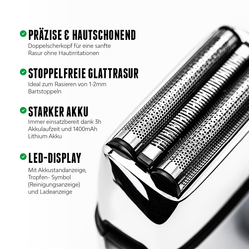 Der Brooklyn Shaver Elektrorasierer ist präzise und sorgt dank dem hochwertigen Doppelscherkopf für eine stoppelfreie Glattrasur ohne Hautirritationen. Dank dem leistungsstarken Akku und dem LED-Display mit Akkustandanzeige ist er immer einsatzbereit. [DE] [AT]
