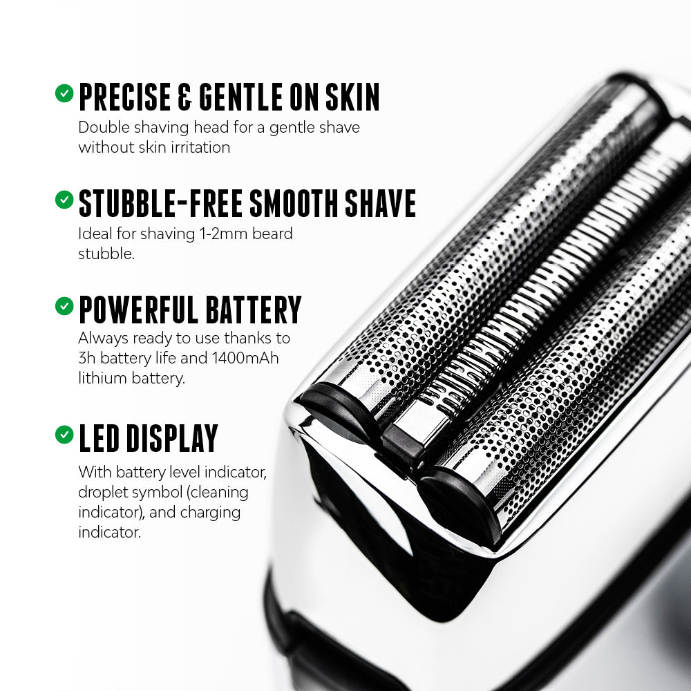 Close-up of Brooklyn Soap Company electric shaver highlighting features: double shaving head for gentle skin contact, smooth shave for 1–2 mm stubble, 1400mAh battery with 3h runtime, and LED display for battery and cleaning status.[INT][EU]