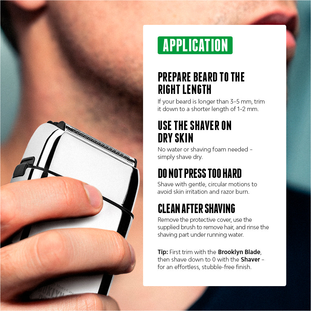 Close-up of a man holding a Brooklyn Soap Company electric shaver next to a step-by-step shaving guide titled 'Application.' Instructions include trimming the beard to 1–2 mm, shaving on dry skin, using gentle motions, and cleaning the shaver after use. [INT][EU]