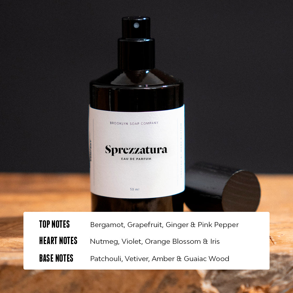 Brooklyn Soap Company Sprezzatura Eau de Parfum with notes of bergamot, grapefruit, nutmeg, violet, patchouli, and amber.[EU] [INT]