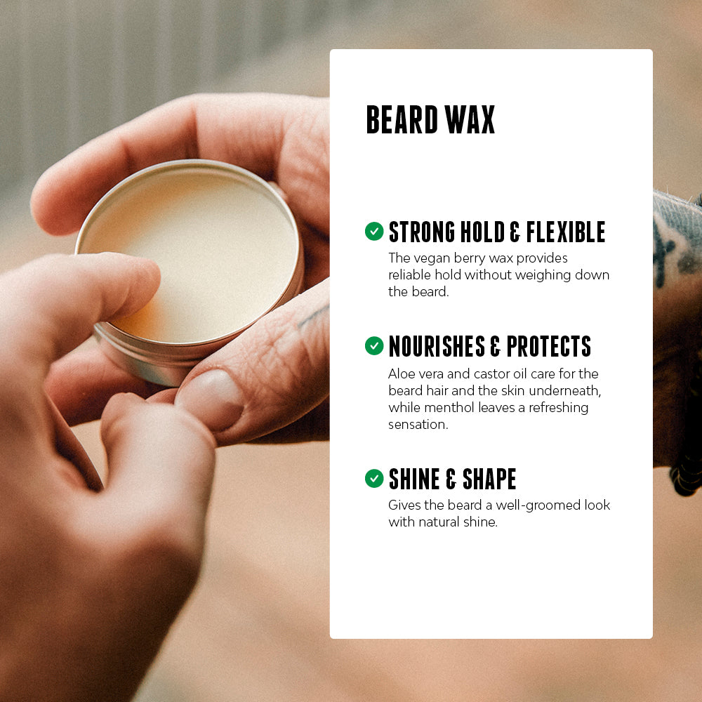A hand holding an open tin of Brooklyn Soap Company Beard Wax beside benefits like strong flexible hold, nourishing aloe and castor oil, and a naturally shiny, styled beard.[INT][EU]