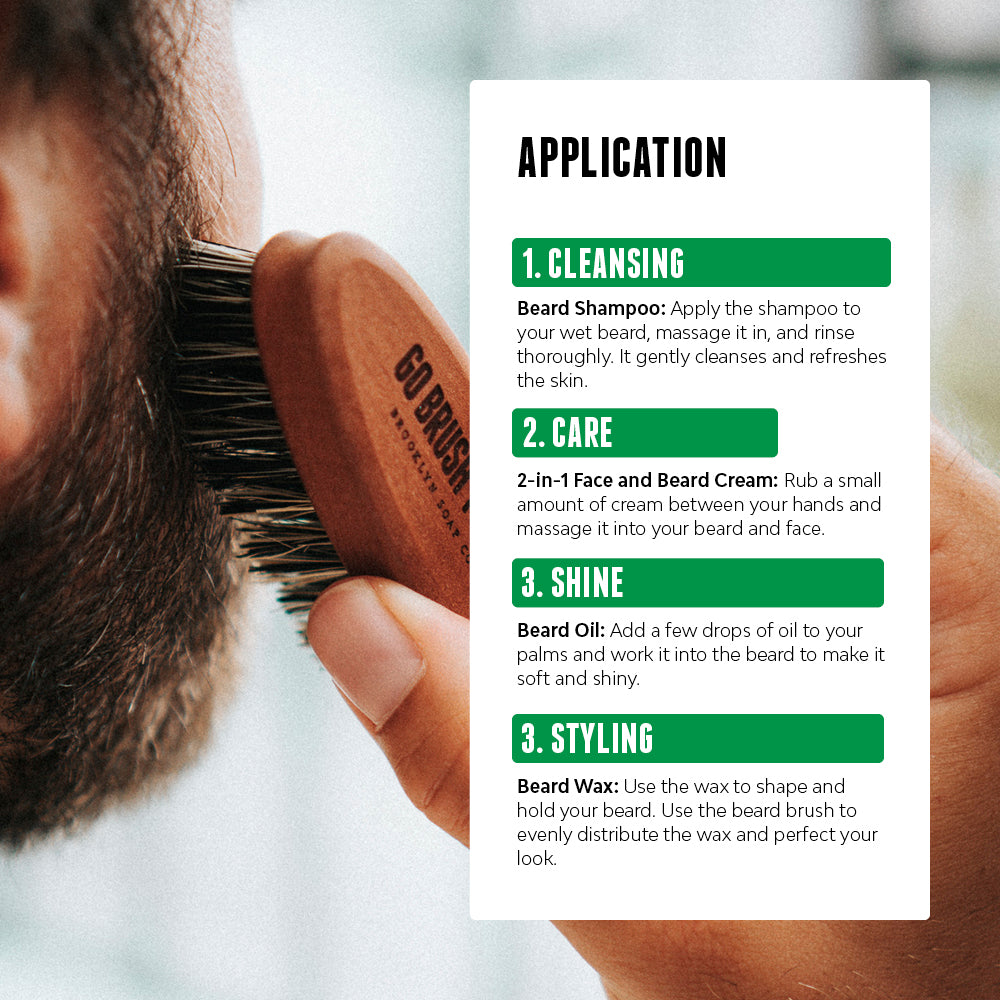 Close-up of a man brushing his beard with a wooden brush, next to a four-step beard care routine from Brooklyn Soap Company featuring shampoo, cream, oil, and wax.[INT][EU]