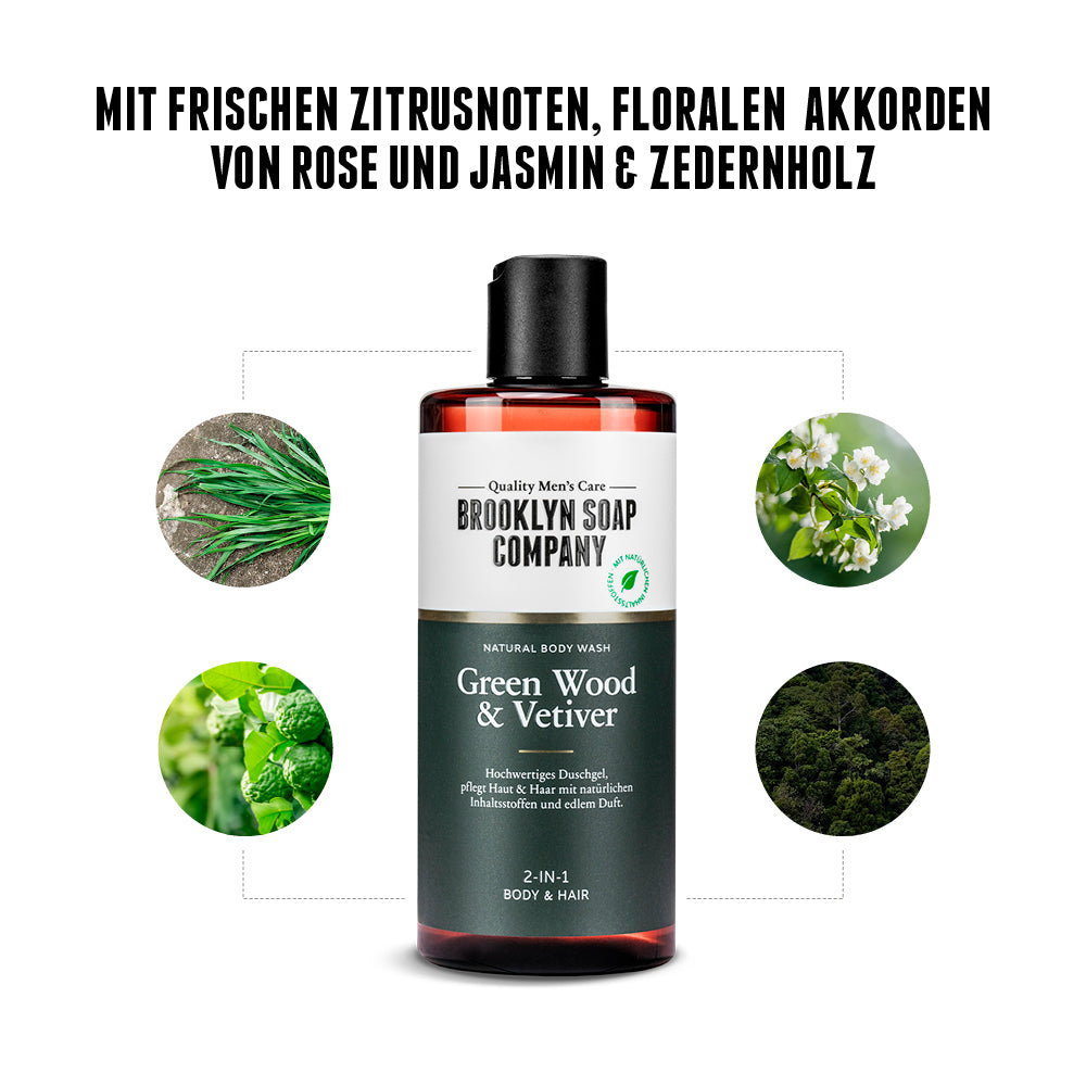 Green Wood & Vetiver Body Wash von der Brooklyn Soap Company mit frischen Zitrusnoten, floralen Akkorden von Rose und Jasmin sowie Zedernholz. Hochwertiges Duschgel für Haut und Haare mit natürlichen Inhaltsstoffen und langanhaltendem Duft. [DE] [AT] [EU] 

