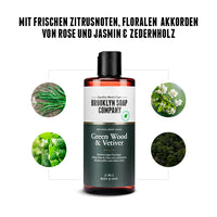 Green Wood & Vetiver Body Wash von der Brooklyn Soap Company mit frischen Zitrusnoten, floralen Akkorden von Rose und Jasmin sowie Zedernholz. Hochwertiges Duschgel für Haut und Haare mit natürlichen Inhaltsstoffen und langanhaltendem Duft. [DE] [AT] [EU] 
